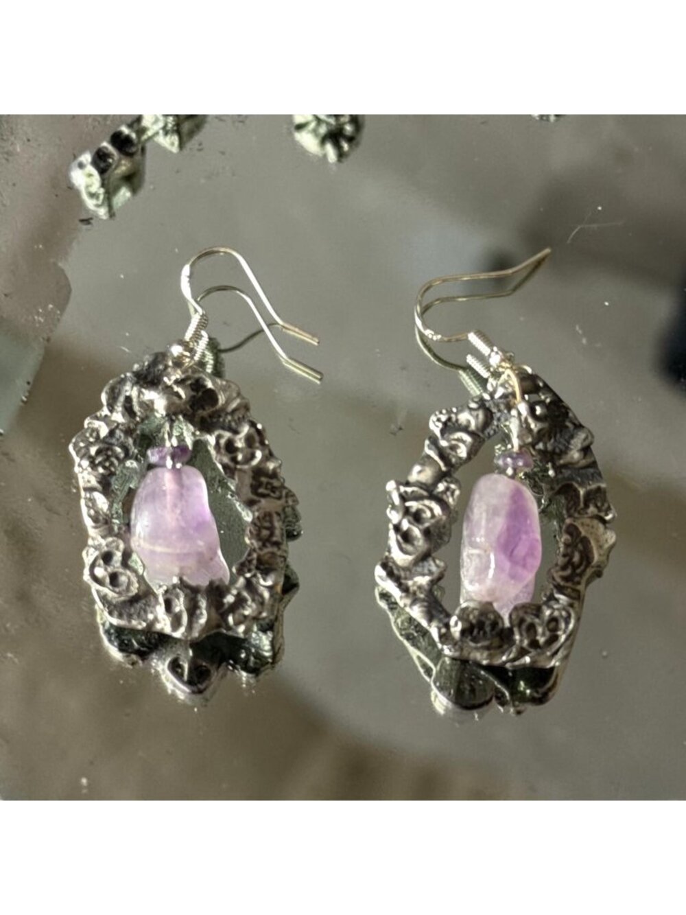 Natural Amethyst Brutalist Drop Earrings - Textured Silver Dangle with 925 Hooks